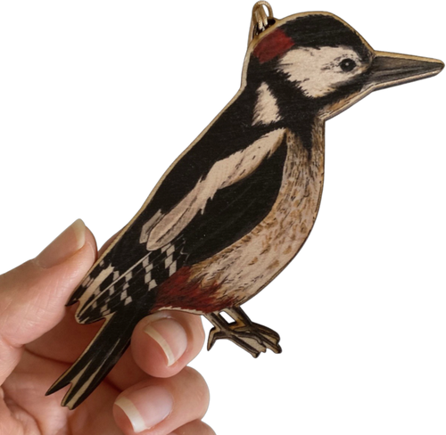 Greater-spotted Woodpecker Illustrated Wooden Christmas Decoration
