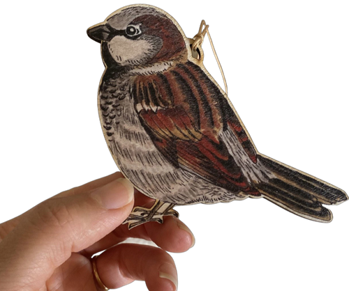 Sparrow Illustrated Wooden Christmas Decoration
