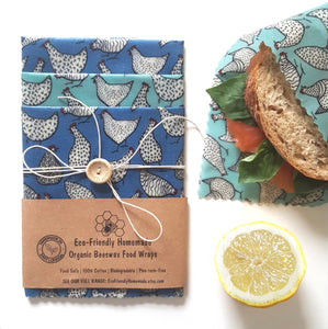 Sandwich Set of 3 Organic Beeswax Wraps - Chickens
